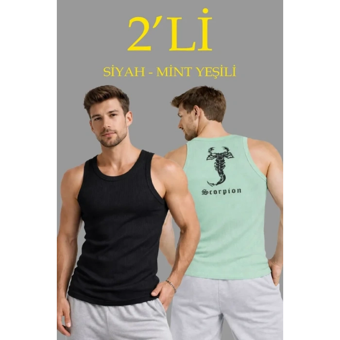 Erkek Spor Fitilli Atlet 2li Set Siyah Ve Mint Yeşili Slim Fit Kaşkorse Arka Baskılı Spor Atlet