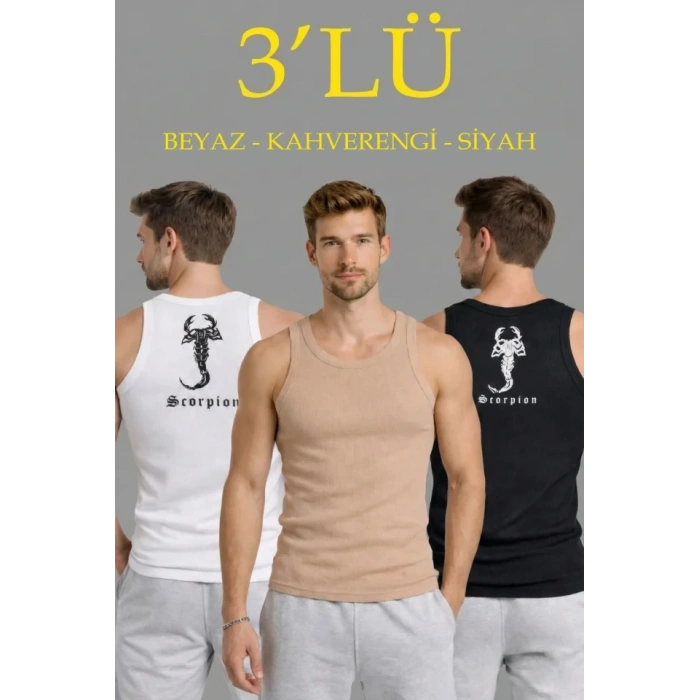 Erkek Spor Fitilli Atlet 3lü Set Beyaz, Siyah Ve Kahverengi Slim Fit Kaşkorse Arka Baskılı Spor Atlet