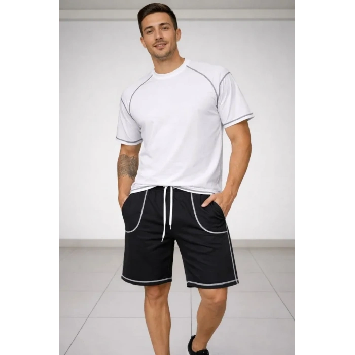 Erkek Spor Tişört Şort Takım Kontrast Dikiş Detaylı Ovarsize Rahat Kalıp - Beyaz