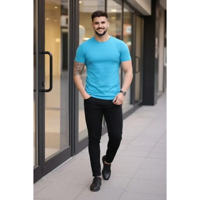 Erkek T-Shirt Bisiklet Yaka Slim Fit Dar Kesim Likralı Tişört Günlük Basic Body - Açık Mavi