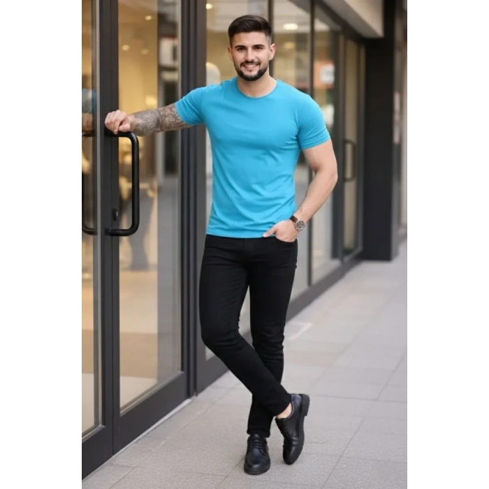 Erkek T-Shirt Bisiklet Yaka Slim Fit Dar Kesim Likralı Tişört Günlük Basic Body - Açık Mavi