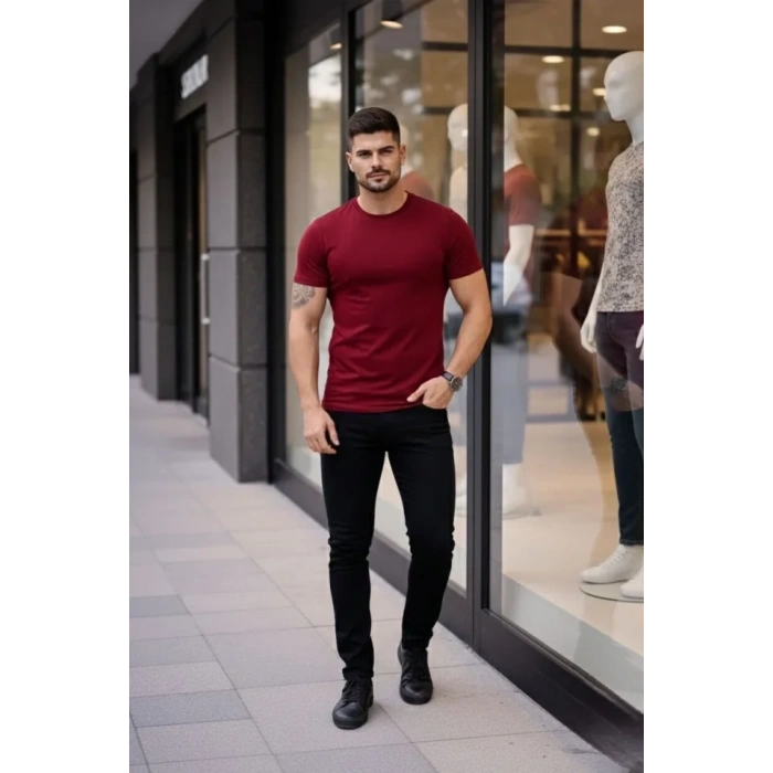 Erkek T-Shirt Bisiklet Yaka Slim Fit Dar Kesim Likralı Tişört Günlük Basic Body - Bordo