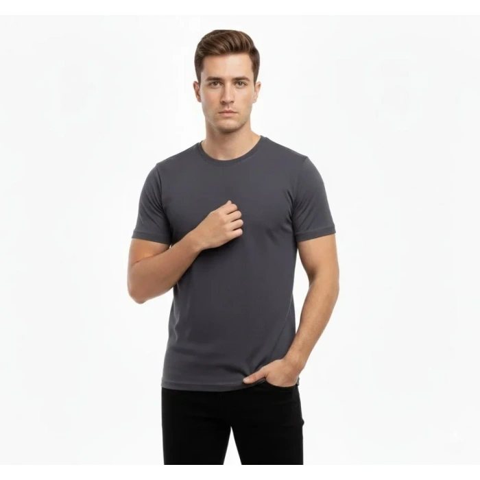 Erkek T-Shirt Bisiklet Yaka Slim Fit Dar Kesim Likralı Tişört Günlük Basic Body - Füme