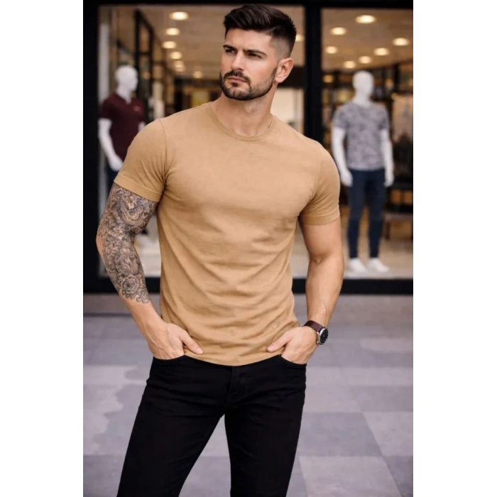 Erkek T-Shirt Bisiklet Yaka Slim Fit Dar Kesim Likralı Tişört Günlük Basic Body - Kahverengi