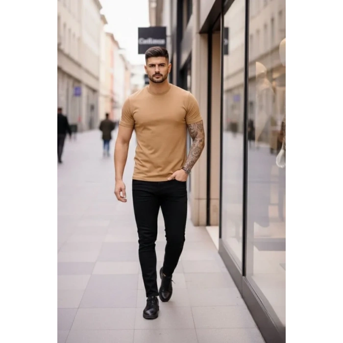 Erkek T-Shirt Bisiklet Yaka Slim Fit Dar Kesim Likralı Tişört Günlük Basic Body - Kahverengi