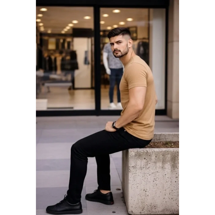 Erkek T-Shirt Bisiklet Yaka Slim Fit Dar Kesim Likralı Tişört Günlük Basic Body - Kahverengi