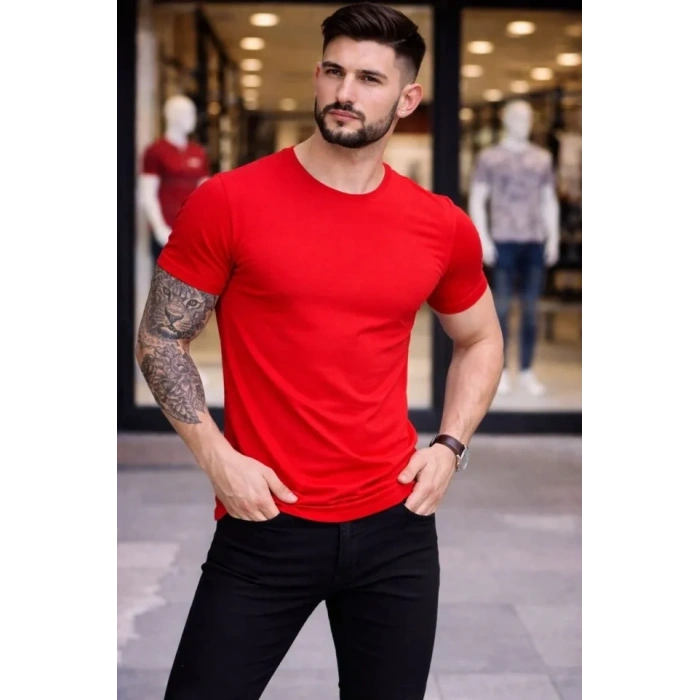 Erkek T-Shirt Bisiklet Yaka Slim Fit Dar Kesim Likralı Tişört Günlük Basic Body - Kırmızı