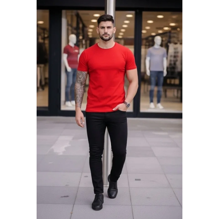 Erkek T-Shirt Bisiklet Yaka Slim Fit Dar Kesim Likralı Tişört Günlük Basic Body - Kırmızı