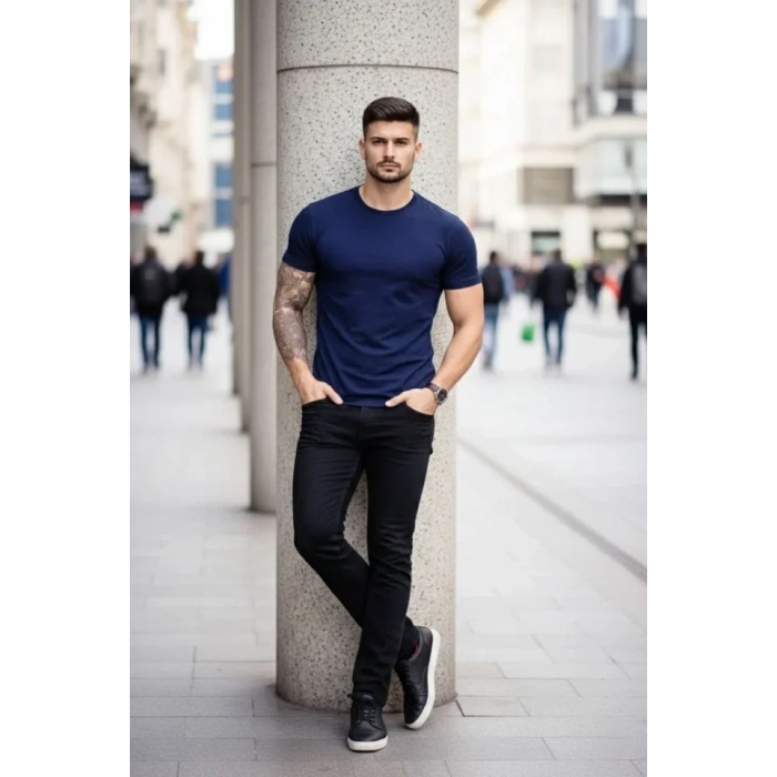 Erkek T-Shirt Bisiklet Yaka Slim Fit Dar Kesim Likralı Tişört Günlük Basic Body - Lacivert