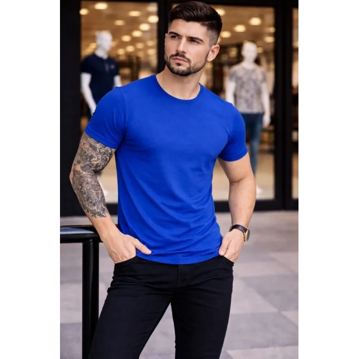 Erkek T-Shirt Bisiklet Yaka Slim Fit Dar Kesim Likralı Tişört Günlük Basic Body - Saks Mavisi