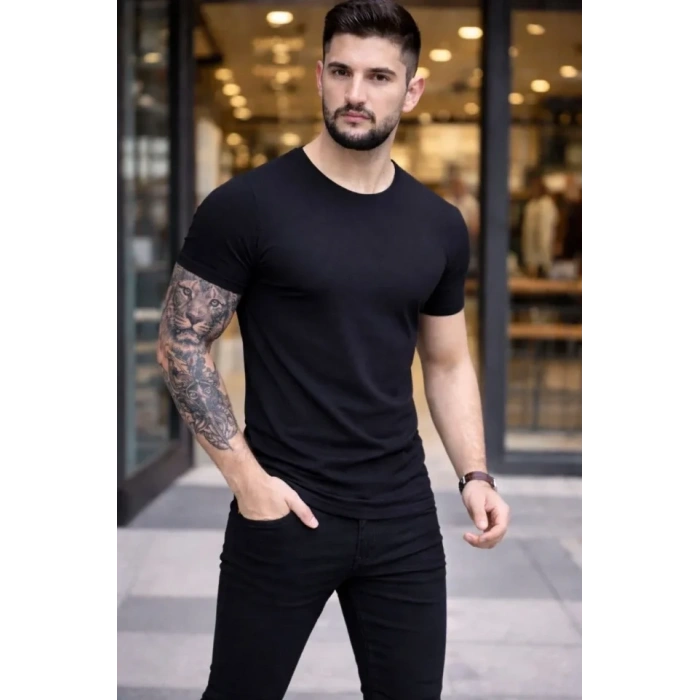 Erkek T-Shirt Bisiklet Yaka Slim Fit Dar Kesim Likralı Tişört Günlük Basic Body - Siyah