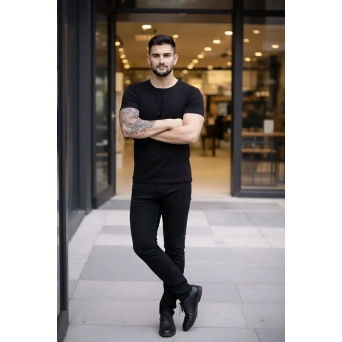 Erkek T-Shirt Bisiklet Yaka Slim Fit Dar Kesim Likralı Tişört Günlük Basic Body - Siyah