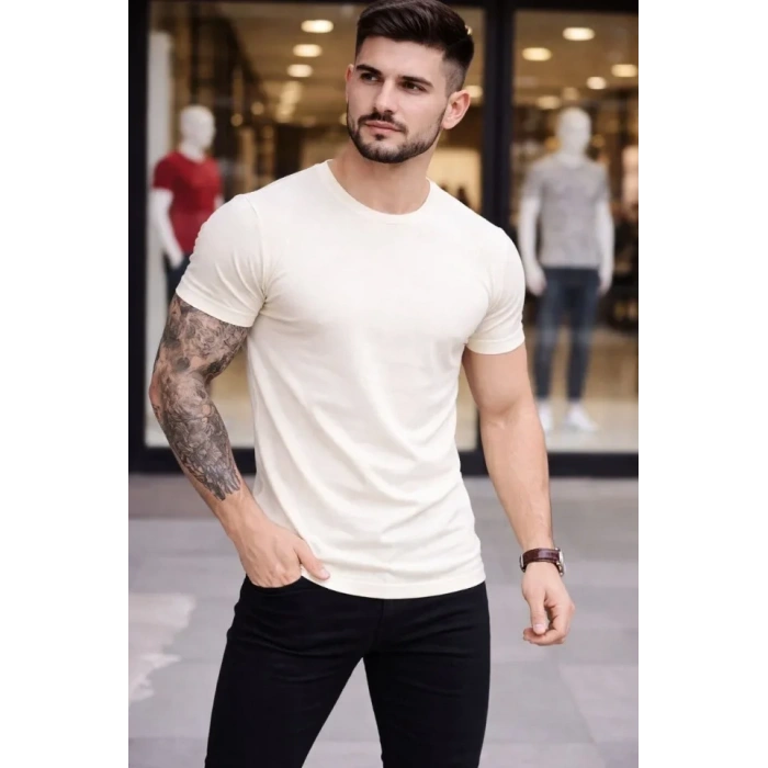 Erkek T-Shirt Bisiklet Yaka Slim Fit Dar Kesim Likralı Tişört Günlük Basic Body - Taş