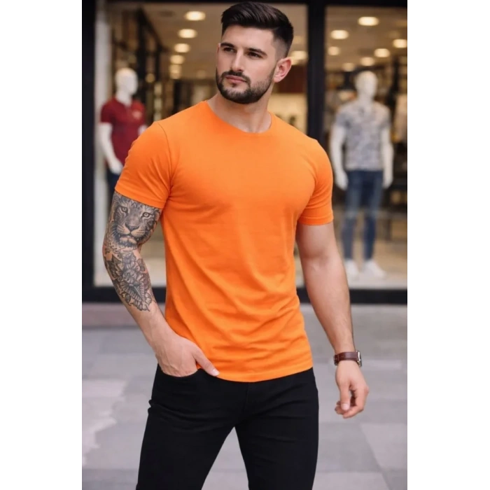 Erkek T-Shirt Bisiklet Yaka Slim Fit Dar Kesim Likralı Tişört Günlük Basic Body - Turuncu