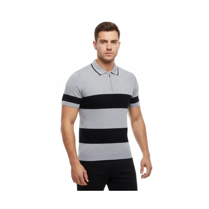Erkek T-shirt Çizgili Triko Dokuma Kumaş Polo Yaka Yarım Fermuarlı Regular Kalıp Tişört - Gri