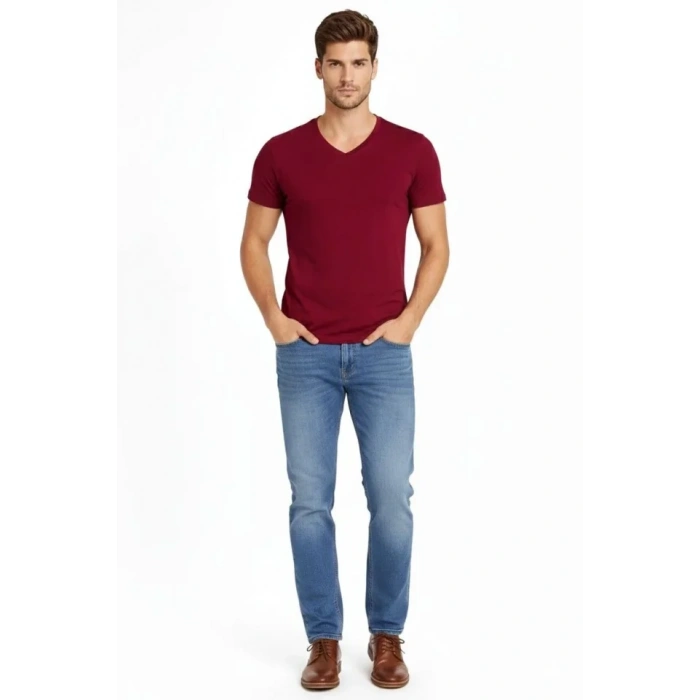 Erkek T-Shirt V Yaka Slim Fit Dar Kesim Likralı Tişört Günlük Basic Body - Bordo