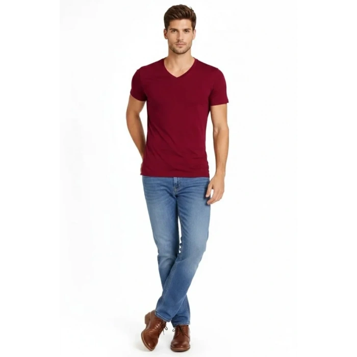 Erkek T-Shirt V Yaka Slim Fit Dar Kesim Likralı Tişört Günlük Basic Body - Bordo