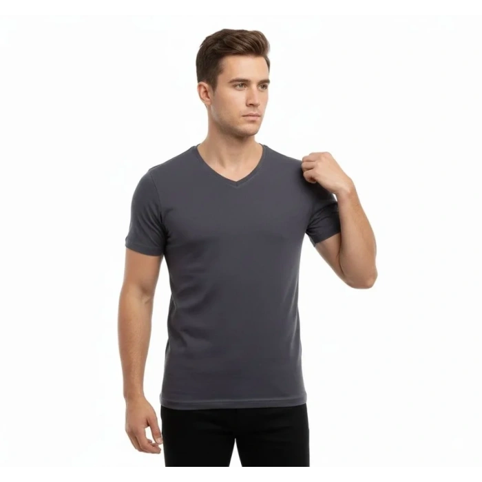 Erkek T-Shirt V Yaka Slim Fit Dar Kesim Likralı Tişört Günlük Basic Body - Füme