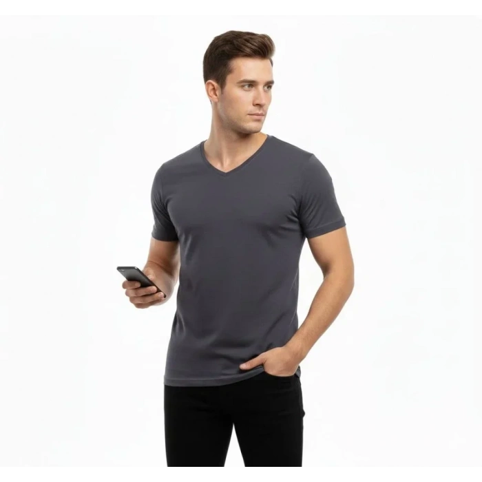 Erkek T-Shirt V Yaka Slim Fit Dar Kesim Likralı Tişört Günlük Basic Body - Füme