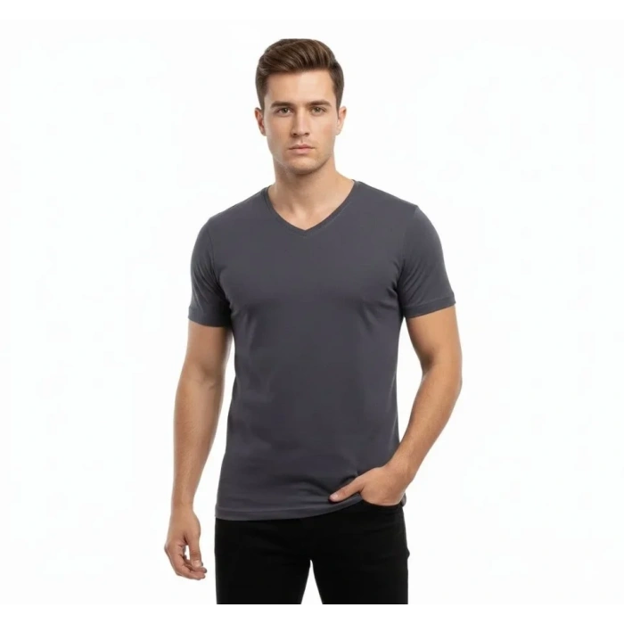 Erkek T-Shirt V Yaka Slim Fit Dar Kesim Likralı Tişört Günlük Basic Body - Füme