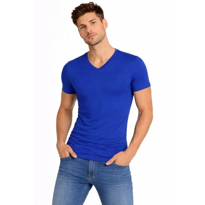 Erkek T-Shirt V Yaka Slim Fit Dar Kesim Likralı Tişört Günlük Basic Body - Saks Mavisi