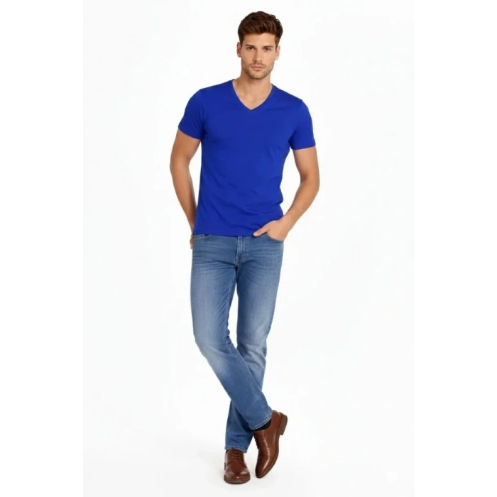 Erkek T-Shirt V Yaka Slim Fit Dar Kesim Likralı Tişört Günlük Basic Body - Saks Mavisi