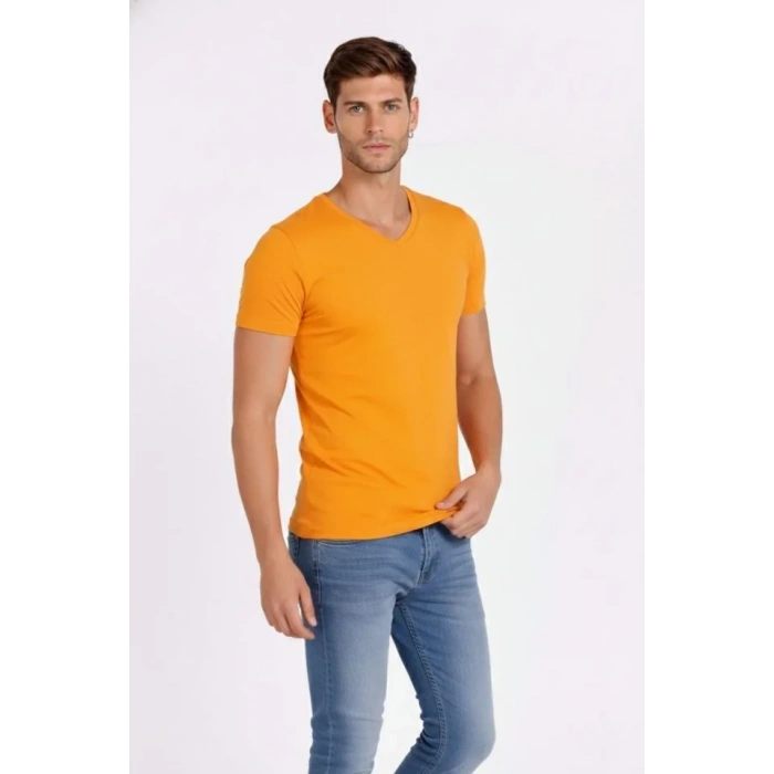 Erkek T-Shirt V Yaka Slim Fit Dar Kesim Likralı Tişört Günlük Basic Body - Sarı
