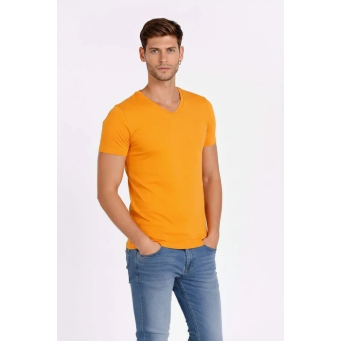 Erkek T-Shirt V Yaka Slim Fit Dar Kesim Likralı Tişört Günlük Basic Body - Sarı