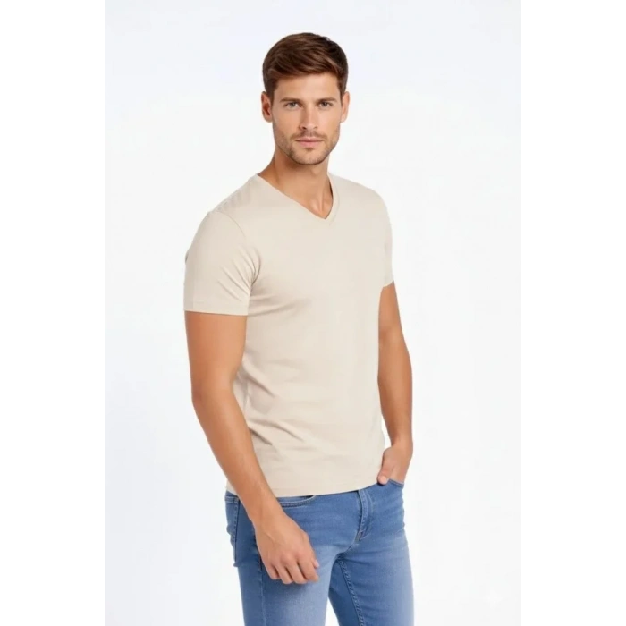 Erkek T-Shirt V Yaka Slim Fit Dar Kesim Likralı Tişört Günlük Basic Body - Taş