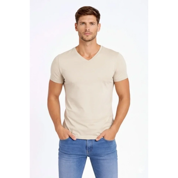 Erkek T-Shirt V Yaka Slim Fit Dar Kesim Likralı Tişört Günlük Basic Body - Taş