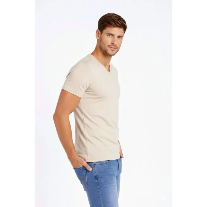 Erkek T-Shirt V Yaka Slim Fit Dar Kesim Likralı Tişört Günlük Basic Body - Taş