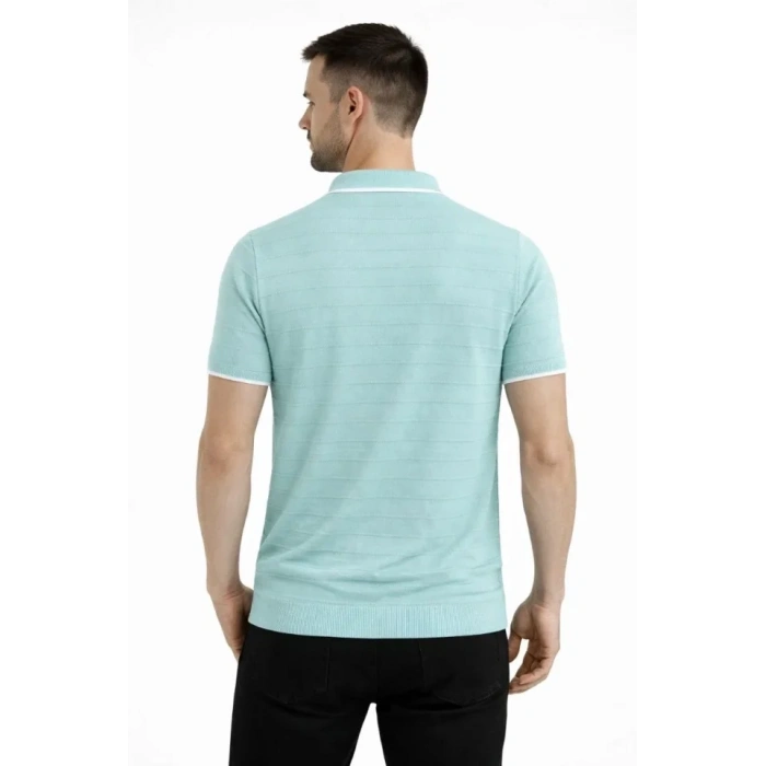 Erkek Triko Kumaş Yakalı Düğmesiz Açık Yaka Fitilli Kısa Kollu Regular Fit Tişört T-shirt - Mint Yeşili