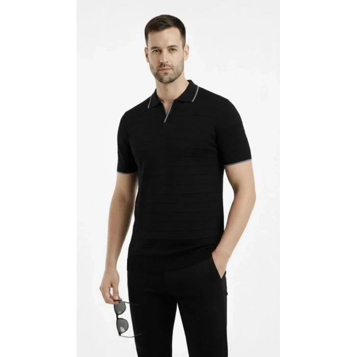 Erkek Triko Kumaş Yakalı Düğmesiz Açık Yaka Fitilli Kısa Kollu Regular Fit Tişört T-shirt - Siyah