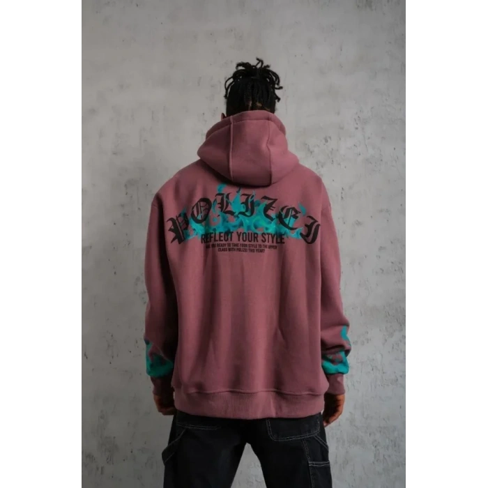 Erkek Üç İplik Içi Pamuklu Alev Baskılı Kapüşonlu Sweatshirt - Gül Kurusu