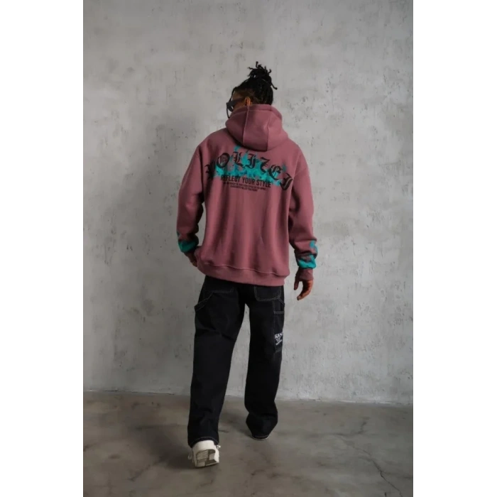 Erkek Üç İplik Içi Pamuklu Alev Baskılı Kapüşonlu Sweatshirt - Gül Kurusu