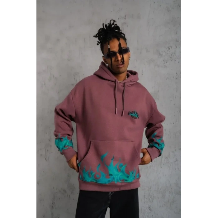 Erkek Üç İplik Içi Pamuklu Alev Baskılı Kapüşonlu Sweatshirt - Gül Kurusu