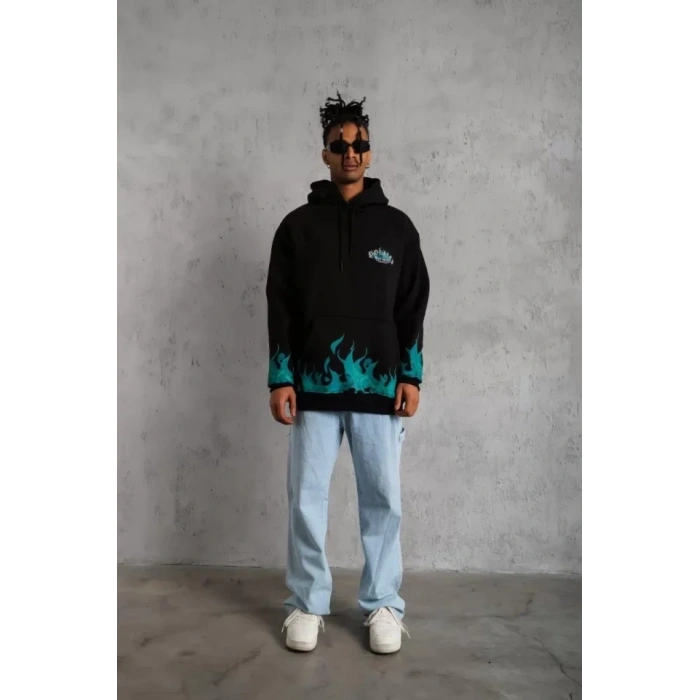 Erkek Üç İplik İçi Pamuklu Alev Baskılı Kapüşonlu Sweatshirt - Siyah