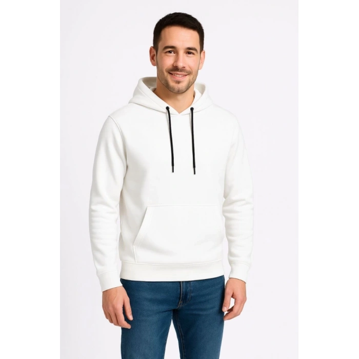 Erkek Üç İplik Kapüşonlu Kanguru Cepli SweatShirt Hoodie - Beyaz
