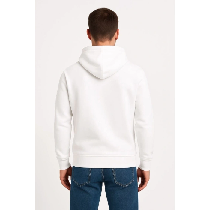 Erkek Üç İplik Kapüşonlu Kanguru Cepli SweatShirt Hoodie - Beyaz