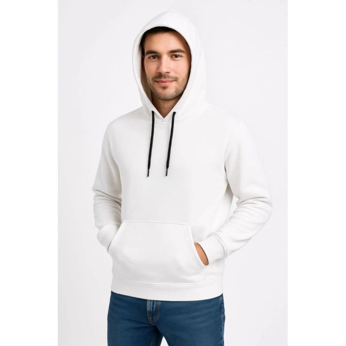 Erkek Üç İplik Kapüşonlu Kanguru Cepli SweatShirt Hoodie - Beyaz