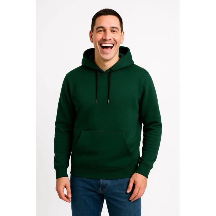 Erkek Üç İplik Kapüşonlu Kanguru Cepli SweatShirt Hoodie - Haki