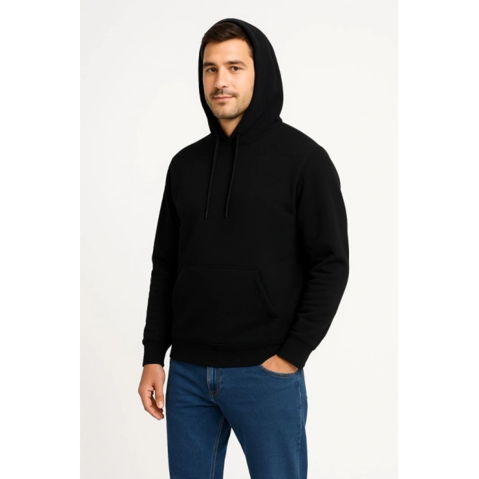 Erkek Üç İplik Kapüşonlu Kanguru Cepli SweatShirt Hoodie - Siyah