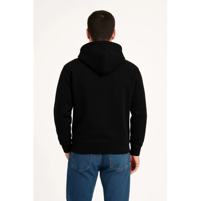 Erkek Üç İplik Kapüşonlu Kanguru Cepli SweatShirt Hoodie - Siyah