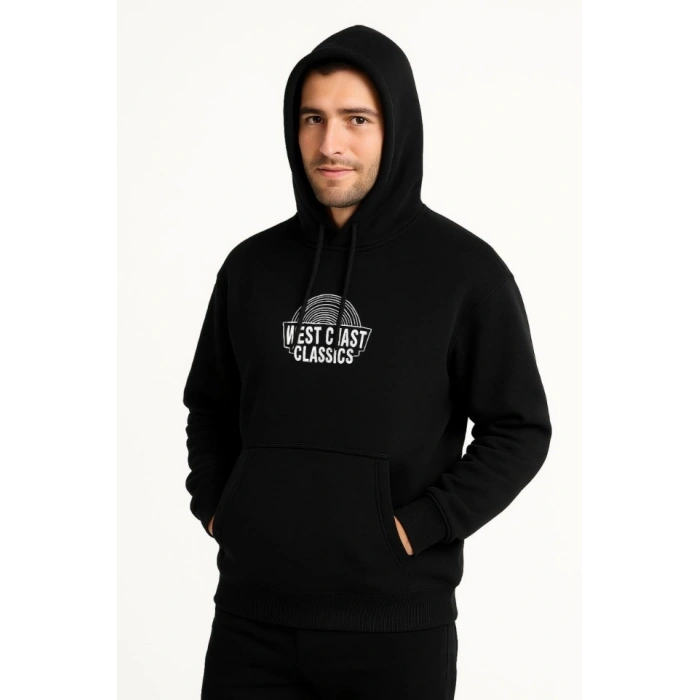 Erkek Üç İplik Kapüşonlu Ön Ve Arka Baskılı SweatShirt Hoodie - Siyah