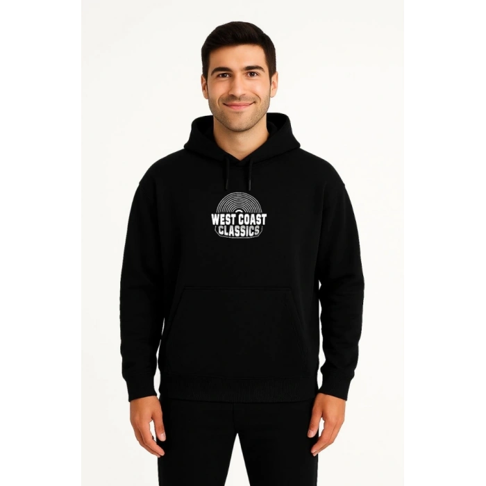 Erkek Üç İplik Kapüşonlu Ön Ve Arka Baskılı SweatShirt Hoodie - Siyah