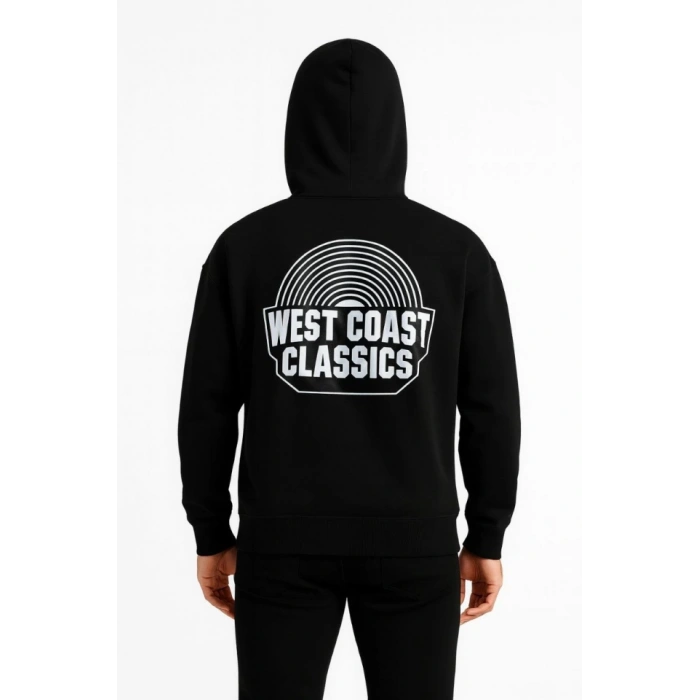 Erkek Üç İplik Kapüşonlu Ön Ve Arka Baskılı SweatShirt Hoodie - Siyah