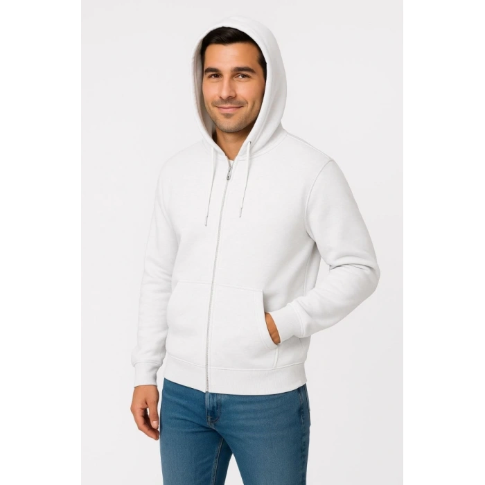 Erkek Üç İplik Kapüşonlu Tam Fermuarlı Kanguru Çepli SweatShirt Hoodie - Beyaz