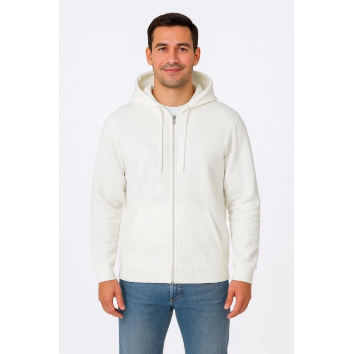 Erkek Üç İplik Kapüşonlu Tam Fermuarlı Kanguru Çepli SweatShirt Hoodie - Beyaz