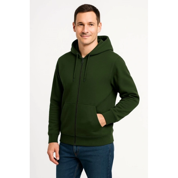 Erkek Üç İplik Kapüşonlu Tam Fermuarlı Kanguru Çepli SweatShirt Hoodie - Haki