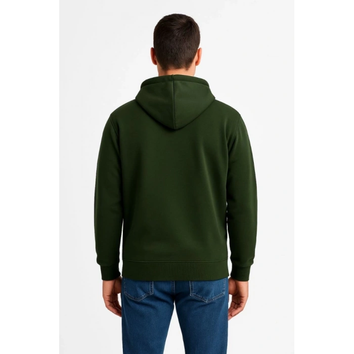 Erkek Üç İplik Kapüşonlu Tam Fermuarlı Kanguru Çepli SweatShirt Hoodie - Haki